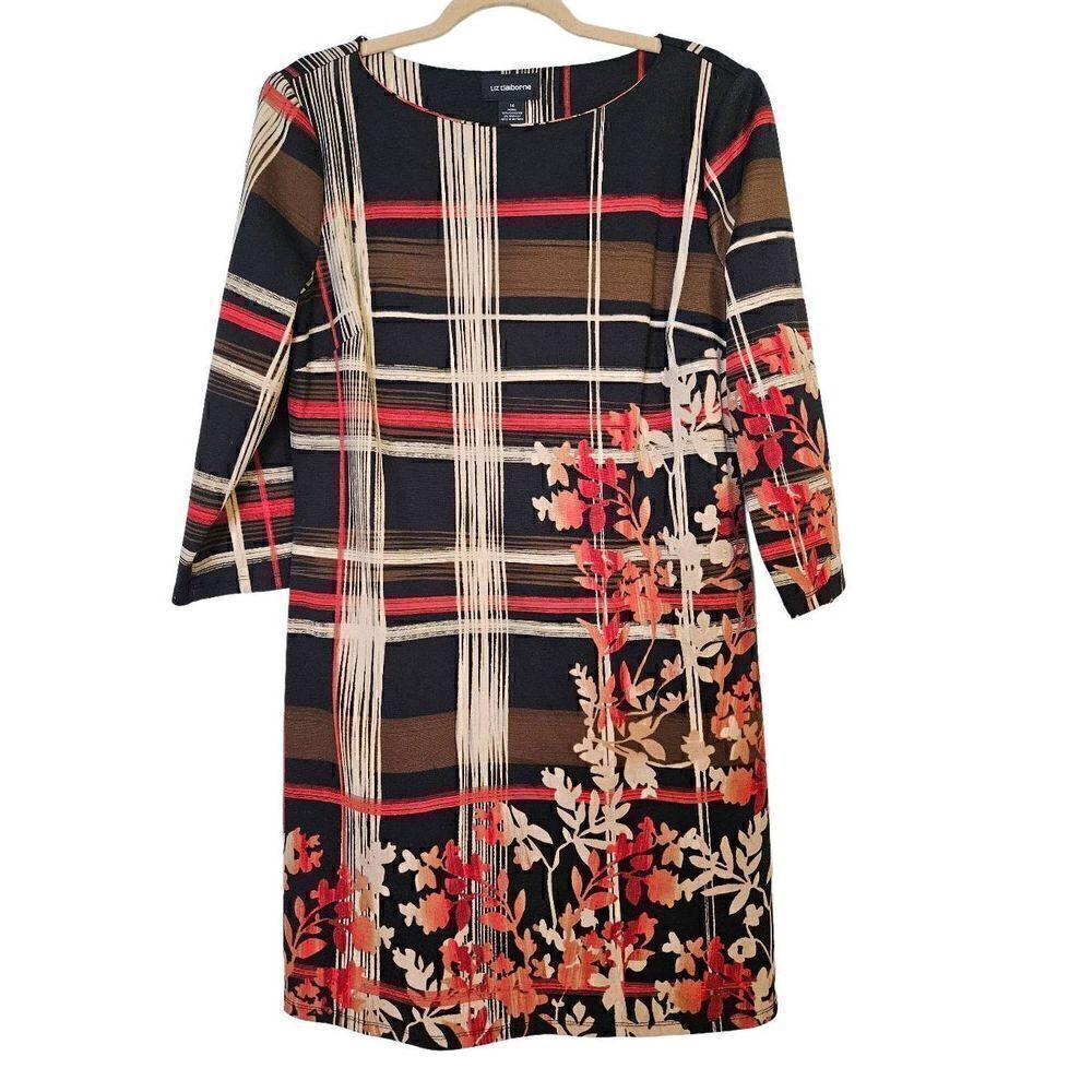Liz Claiborne black,tan and red printed dress. Size 14.